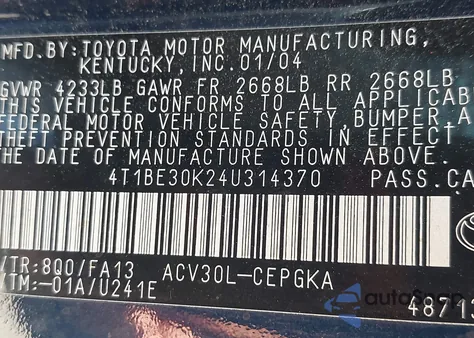 2004 Toyota Camry Xle from USA, damaged, VIN 4T1BE30K24U314370